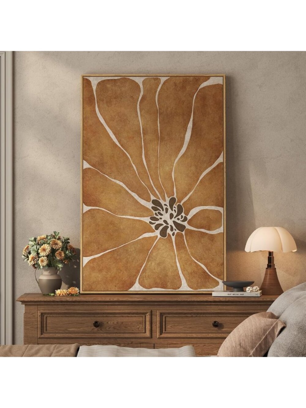 Large Boho Abstract Floral Wall Art - Framed 24x36 for Living Room Decor